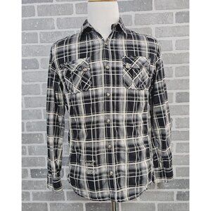BKE Shirt Men's L Black White Gray Plaid Slim Fit Stretch Long Sleeve Pearl Snap